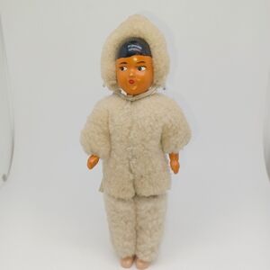 Old Eskimo Doll Celluloid Rare Inuit Face Jointed Arms Body Sheep Wool Snow Suit